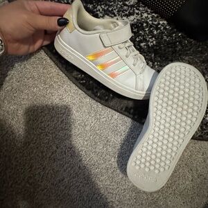 Adidas Kids White Sneakers with Shimmering Stripes